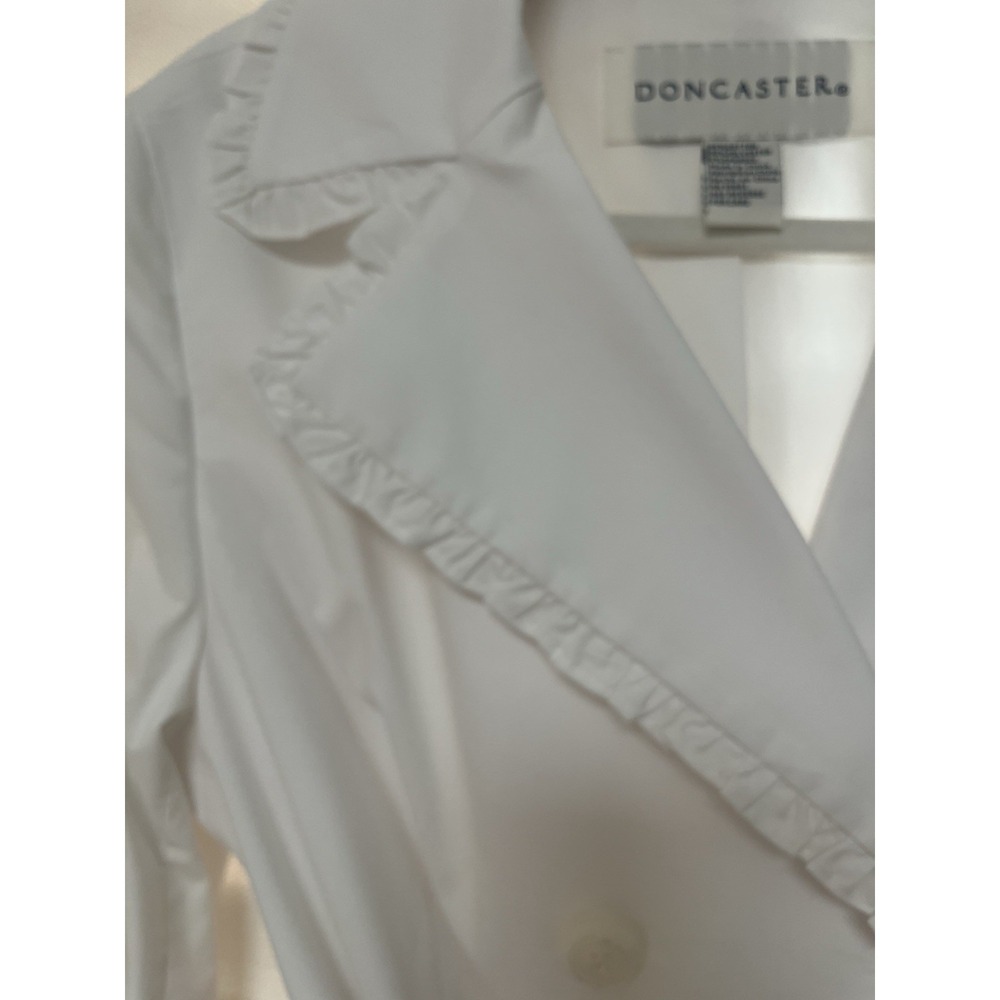 Vtg Doncaster White Trench Blazer Ruffle Sz 12 Double Breast Button Belt Cotton - Picture 8 of 10